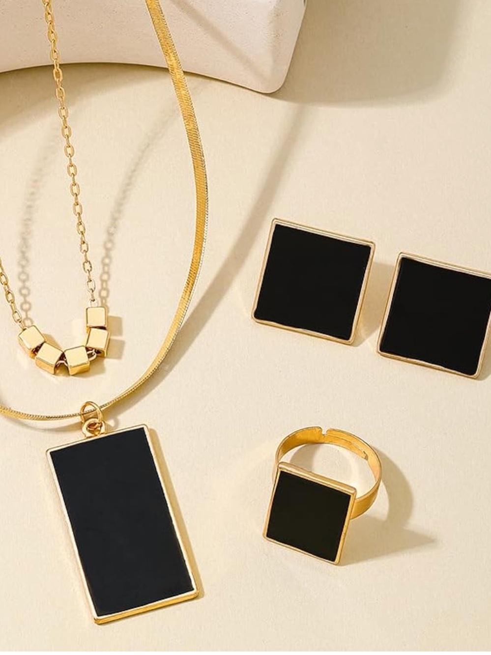 Black Geometric Jewelry Set Necklace Earrings Ring | Gold Tone - Picture 6 of 6